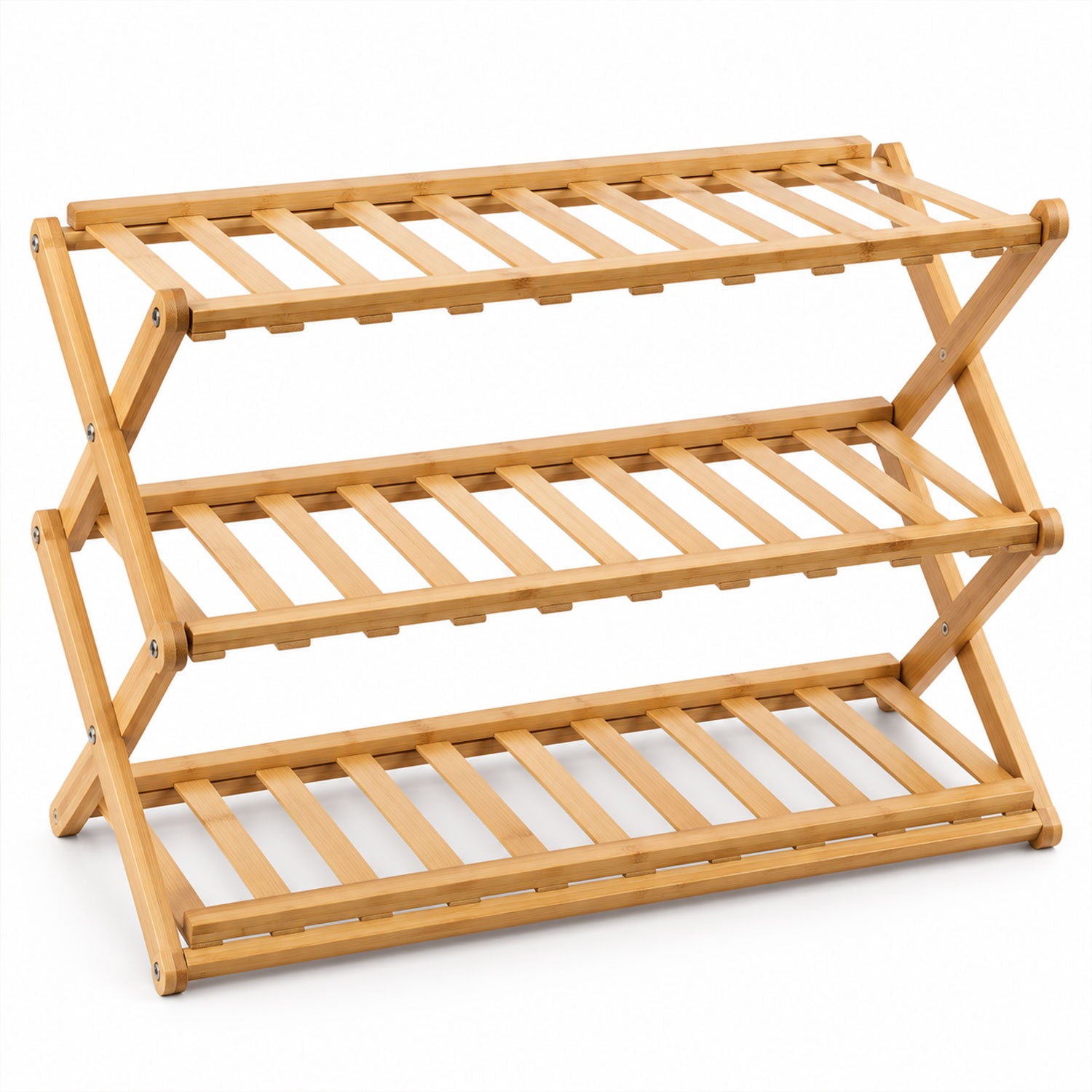 A light brown three-tier bamboo shoe rack with slatted shelves, shown empty against a white background.