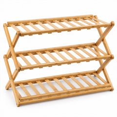 A light brown three-tier bamboo shoe rack with slatted shelves, shown empty against a white background.