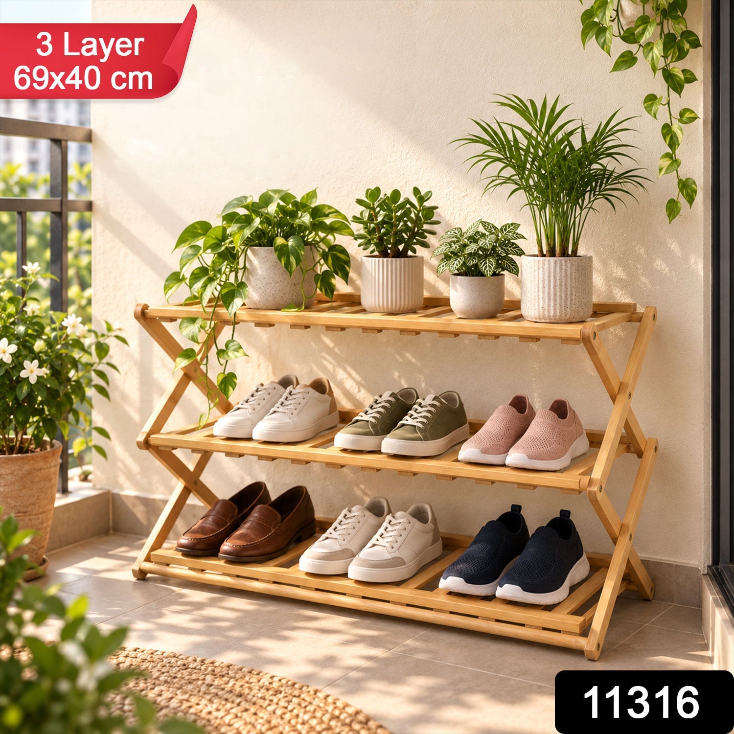 A three-layer bamboo shoe rack with multiple pairs of footwear and green plants, on a bright outdoor patio.