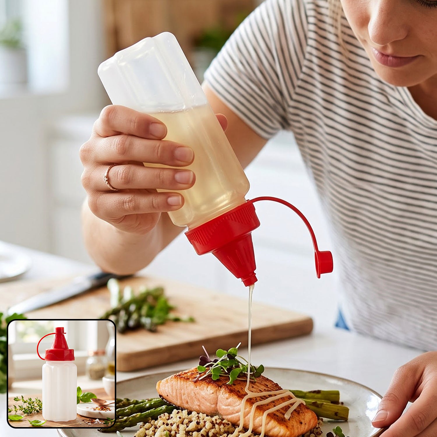 A person drizzles oil from a clear plastic squeeze bottle with a red cap onto salmon and asparagus. â€“ view 8