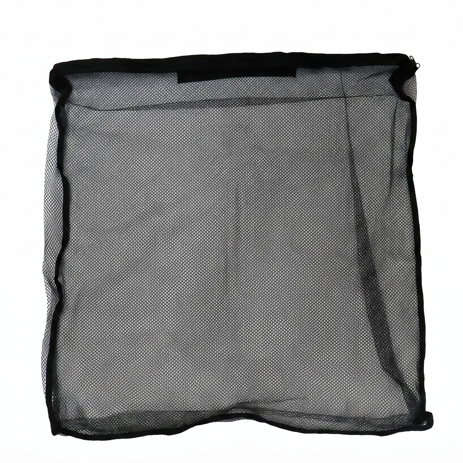 A flat black mesh zipper storage bag is displayed against a white background.