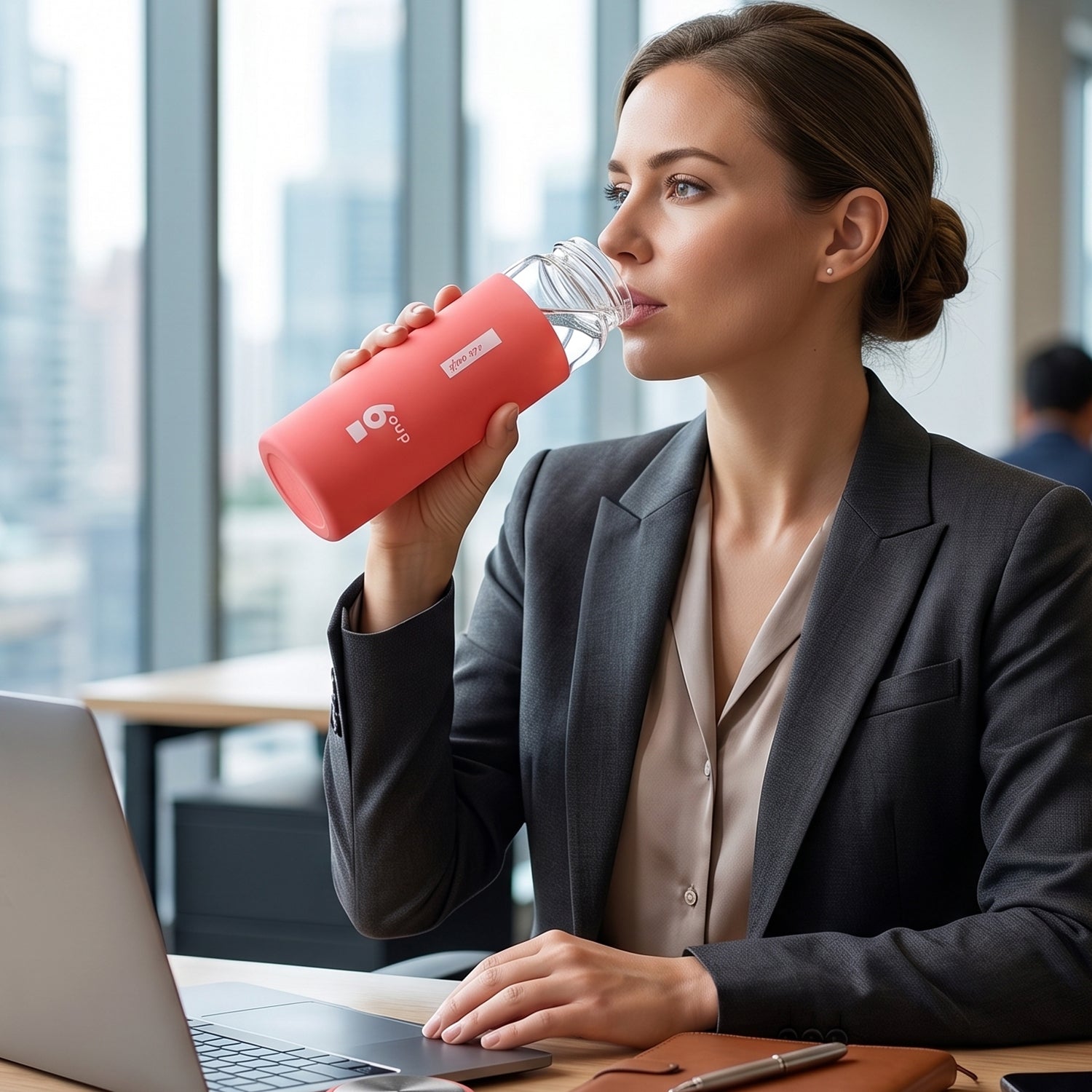 Glass water bottle on an office desk with laptop