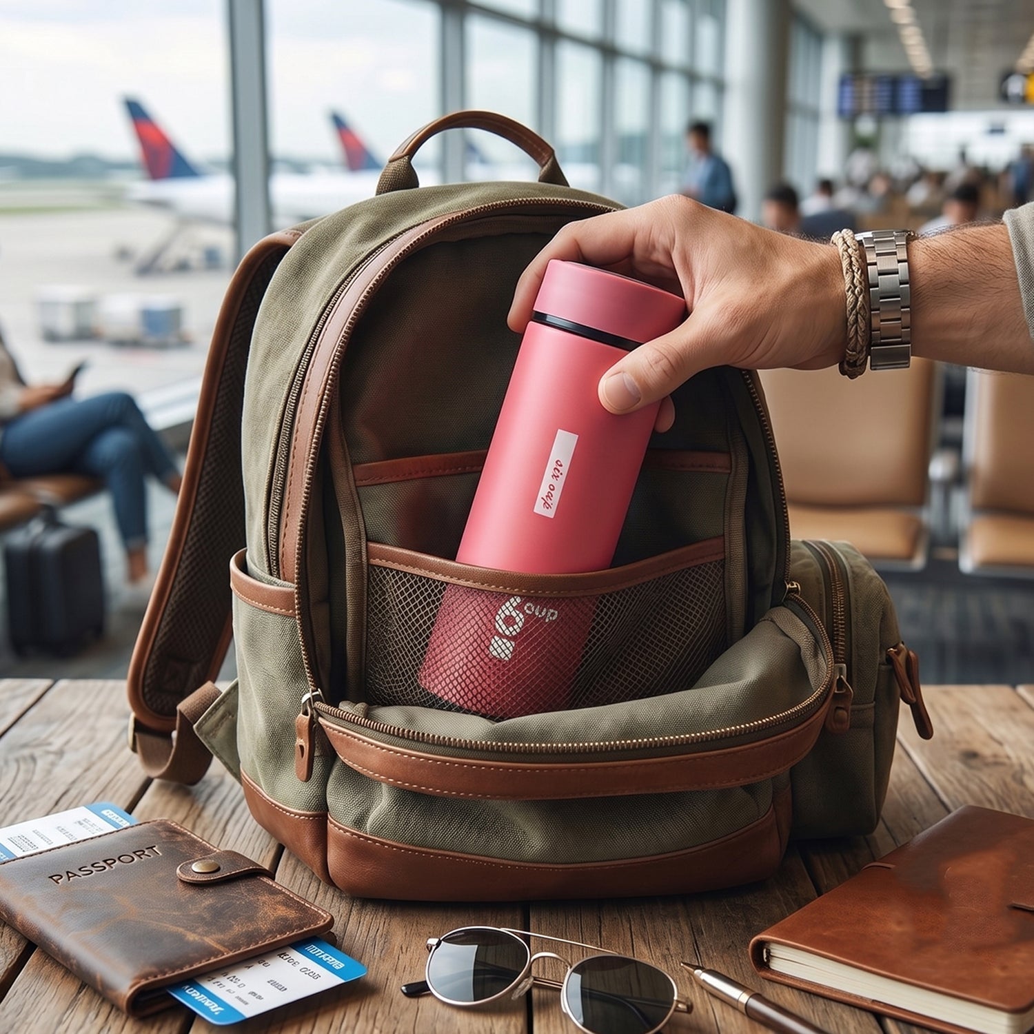 Glass water bottle being carried in a hand, daily use