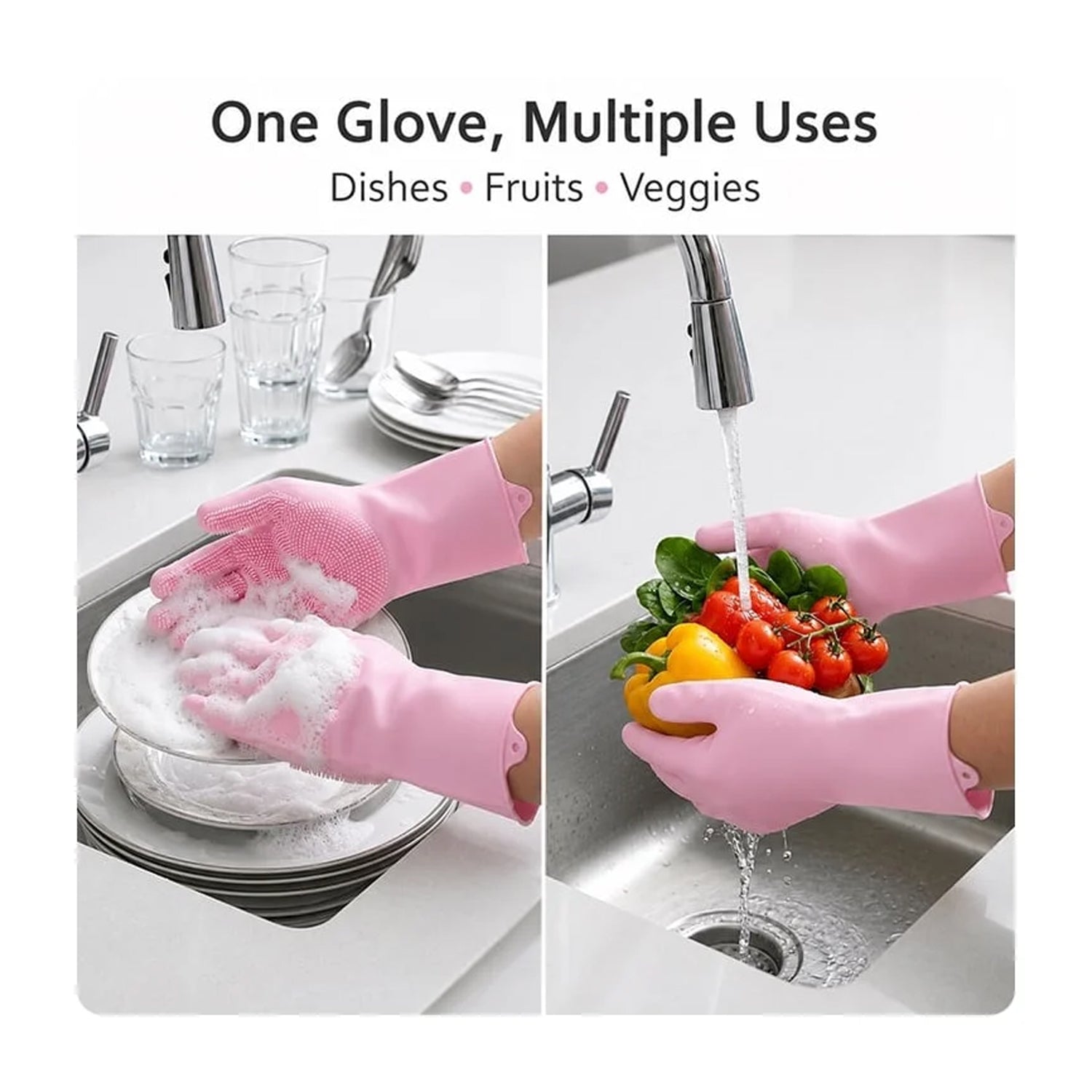 Scrubber gloves washing dishes at the sink
