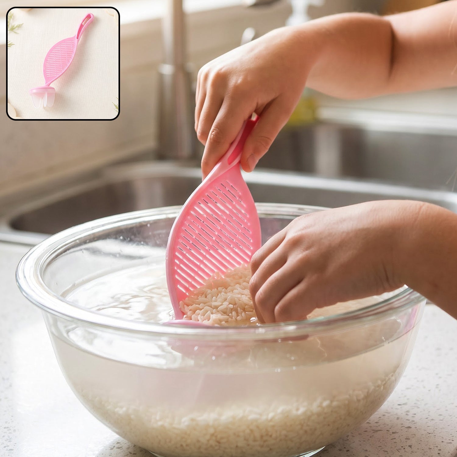 Plastic rice washing strainer spoon with handle