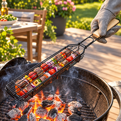 Metal Barbecue Grill Basket with Wooden Handle for Outdoor BBQ Cooking showcase