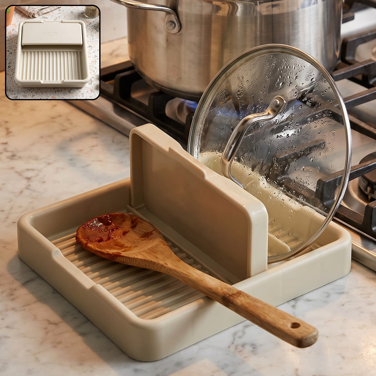 Plastic pot lid and cooking spoon holder stand for the kitchen