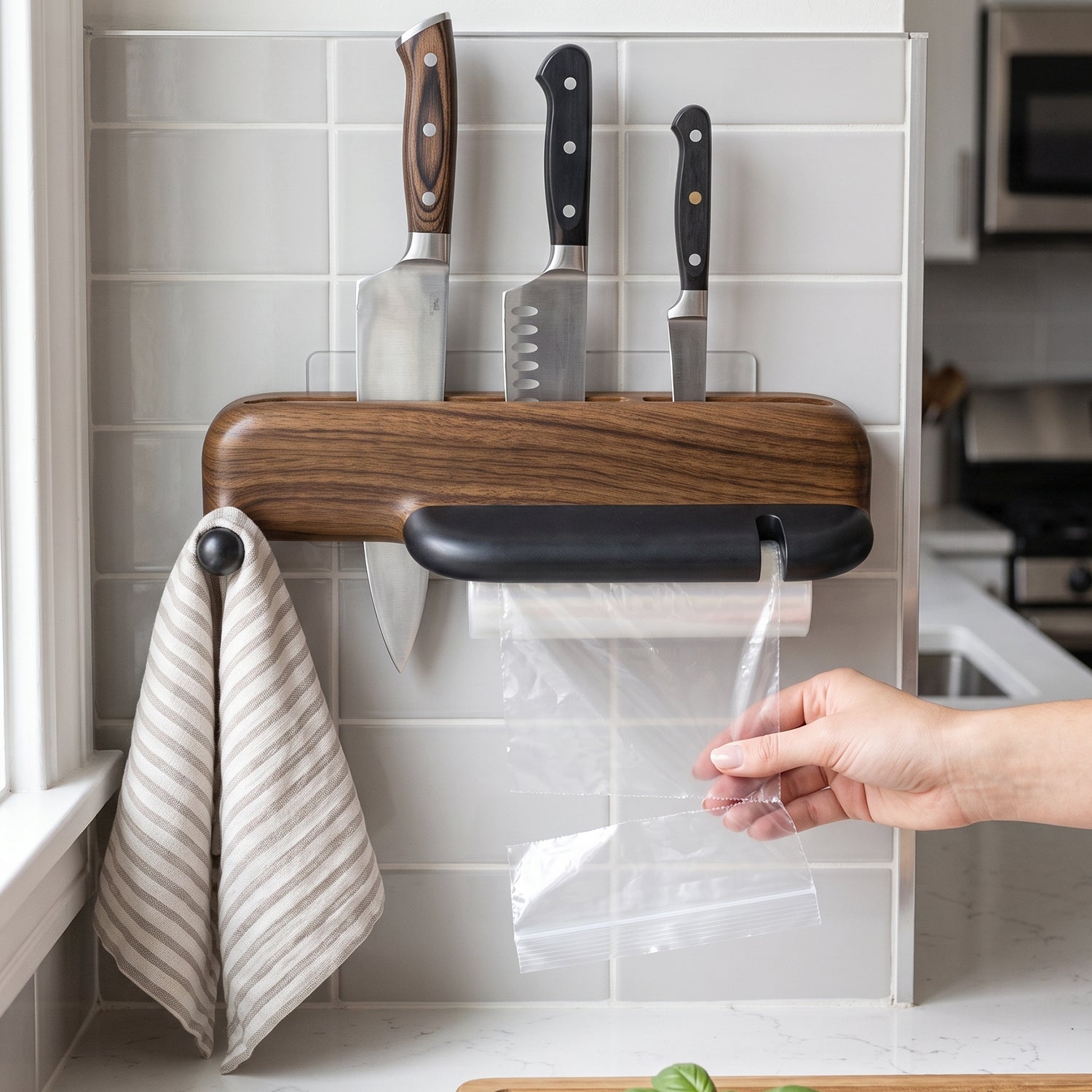 Kitchen knife holder with hooks and roll bag storage