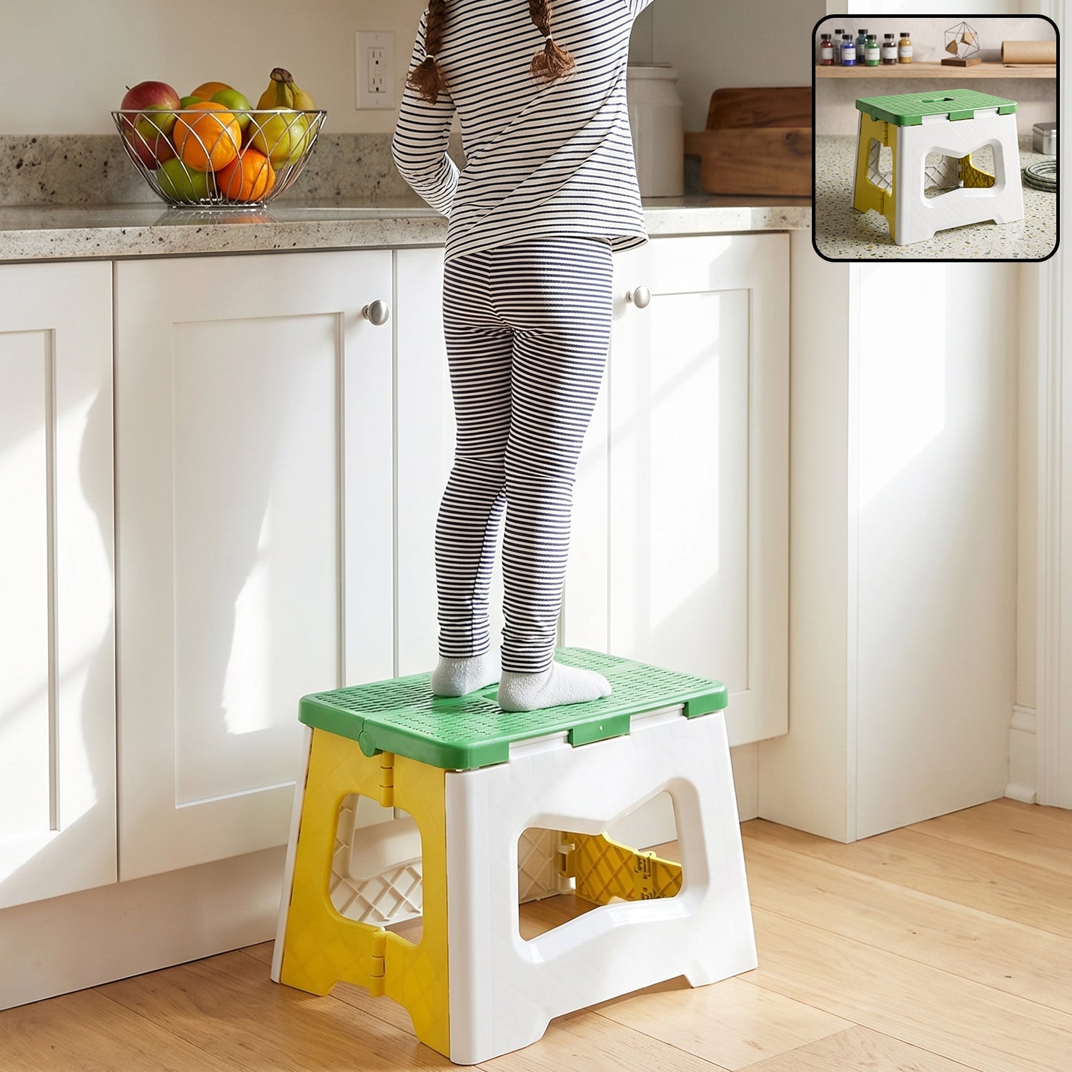 Foldable plastic stool for household reach tasks