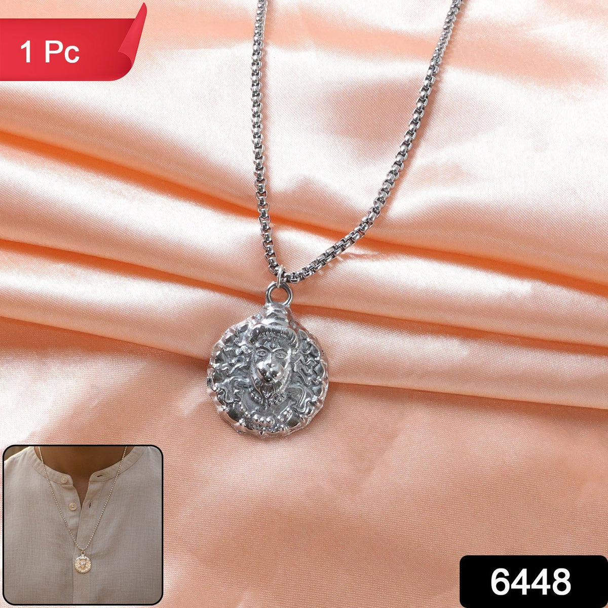 Close-up of silver-tone Hanuman face locket pendant necklace with chain
