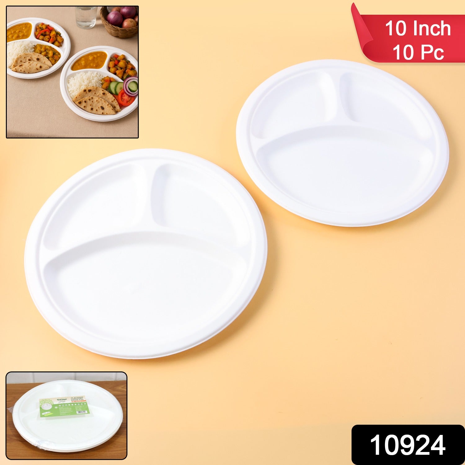 Freshee 10 Inch 3-Compartment Round Compostable Bagasse Plate (10 Pc)