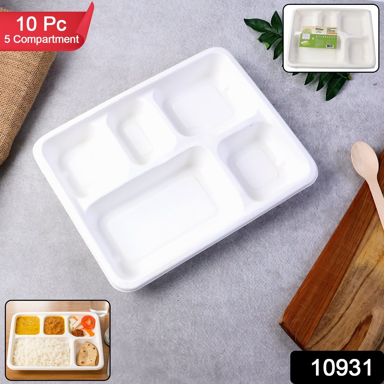 5-Compartment Rectangle Lunch Compostable Bagasse Plate – 10 Pcs Pack