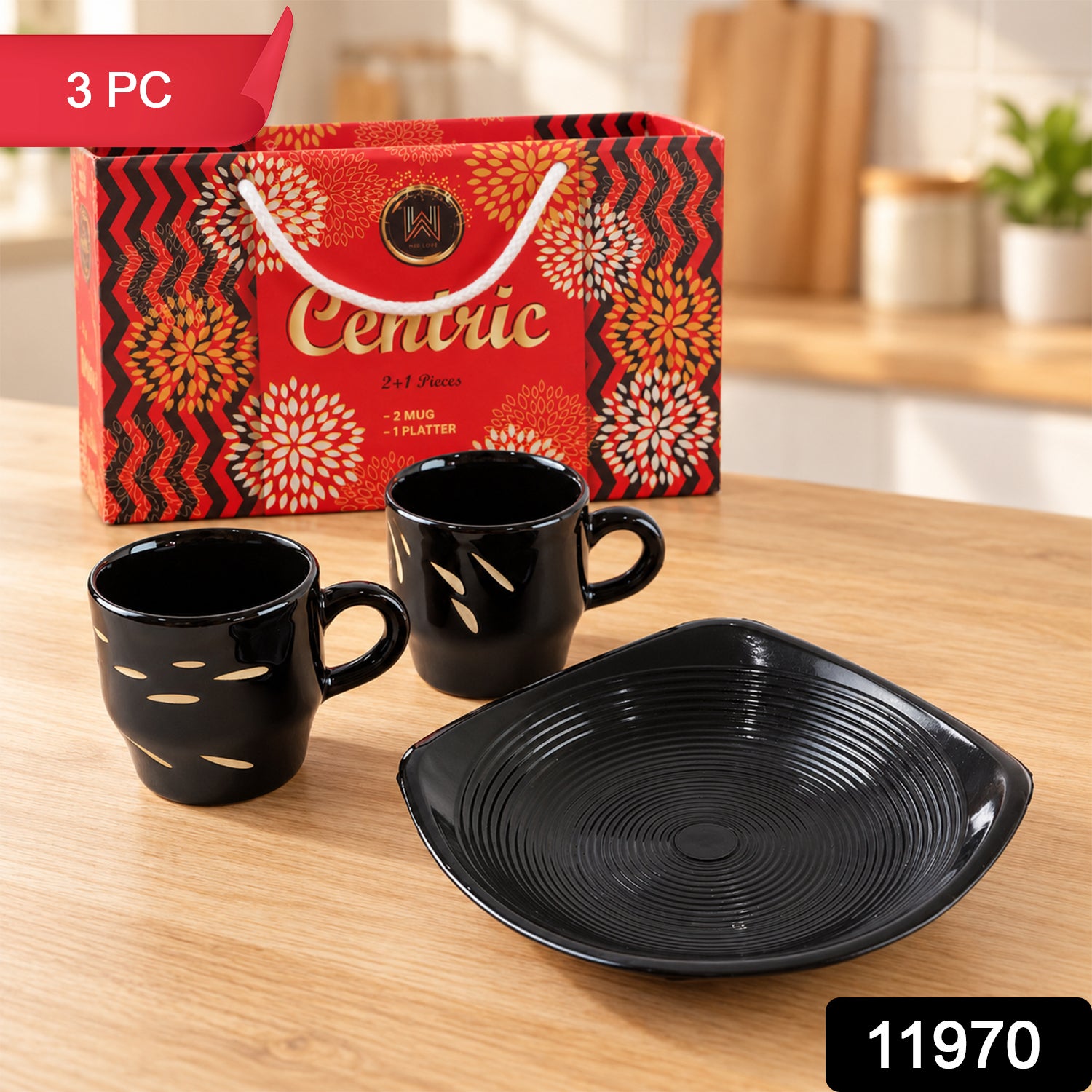 Centric Ceramic Tea Cup with Plastic Square Serving Platter - 3pc Set