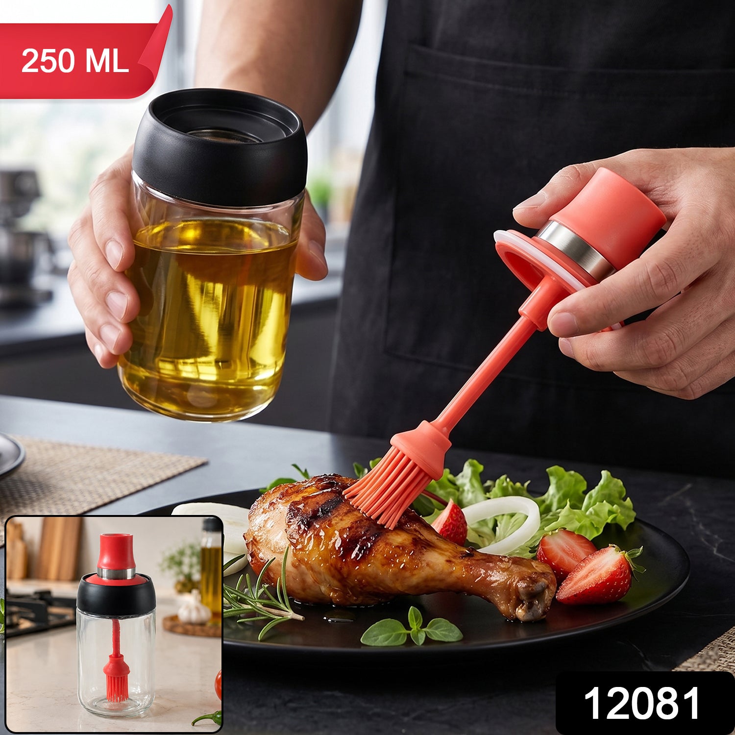 A person holds a glass oil dispenser with a red silicone brush over a grilled chicken leg, with 250 ML label.
