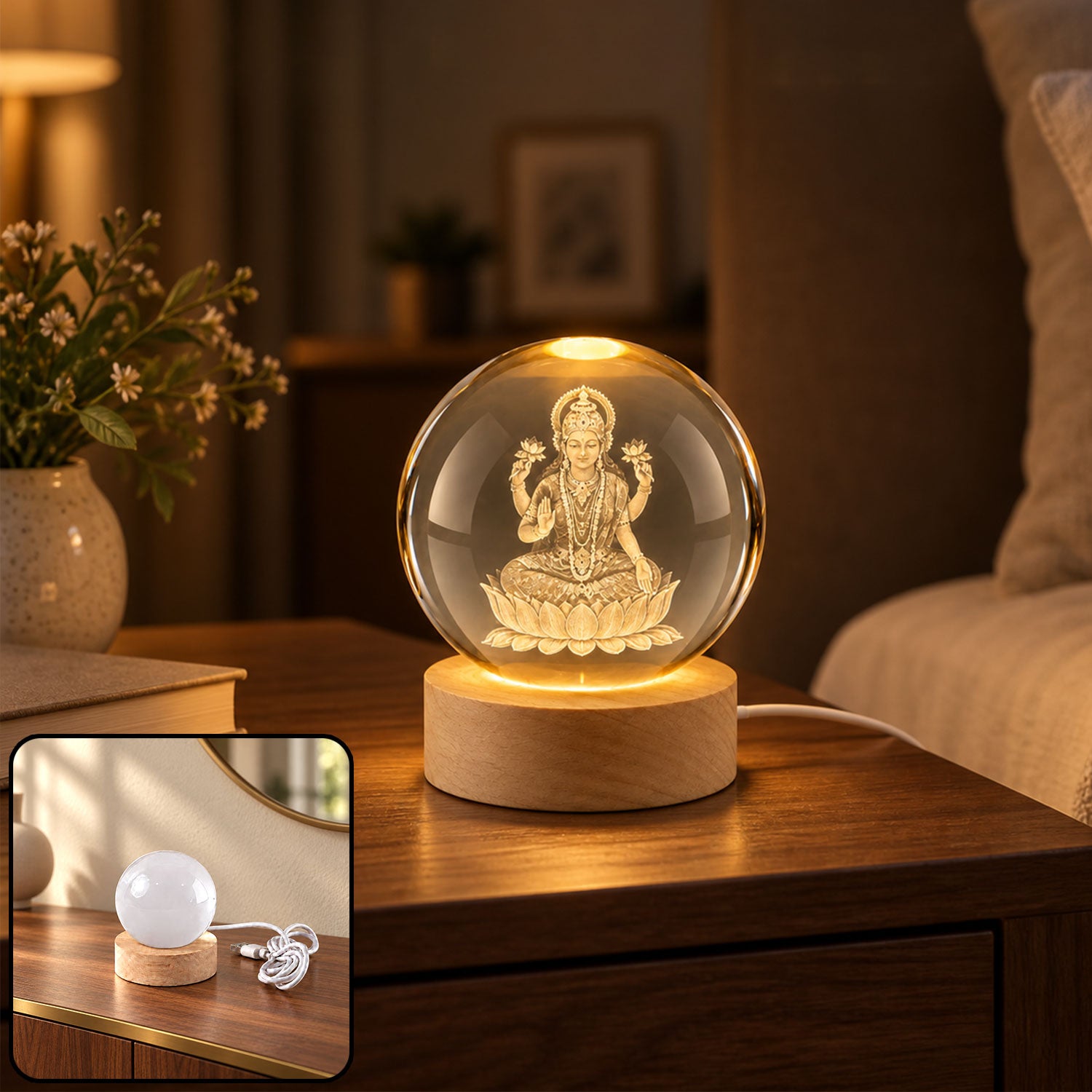 A glowing crystal ball lamp with a 3D etched image of Laxmi, sitting on a wooden base, illuminating a dark room.