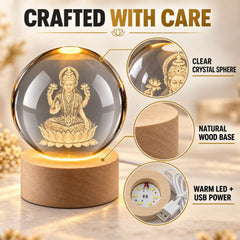 Close-up views highlight the clear crystal sphere, natural wood base, and warm LED USB power components of the lamp.