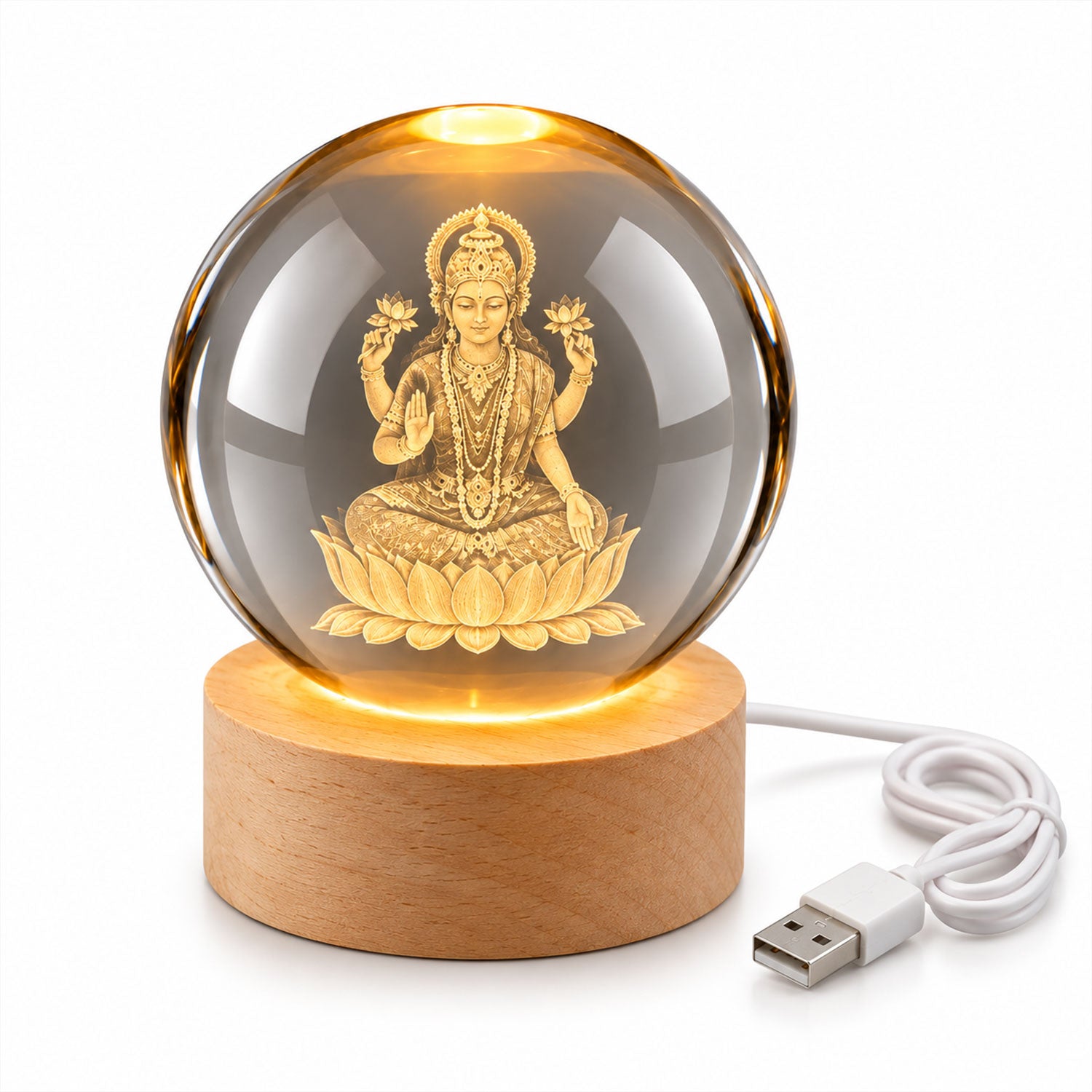 The crystal ball lamp with a glowing Laxmi design, a light wooden base, and a white USB cable on a white surface.