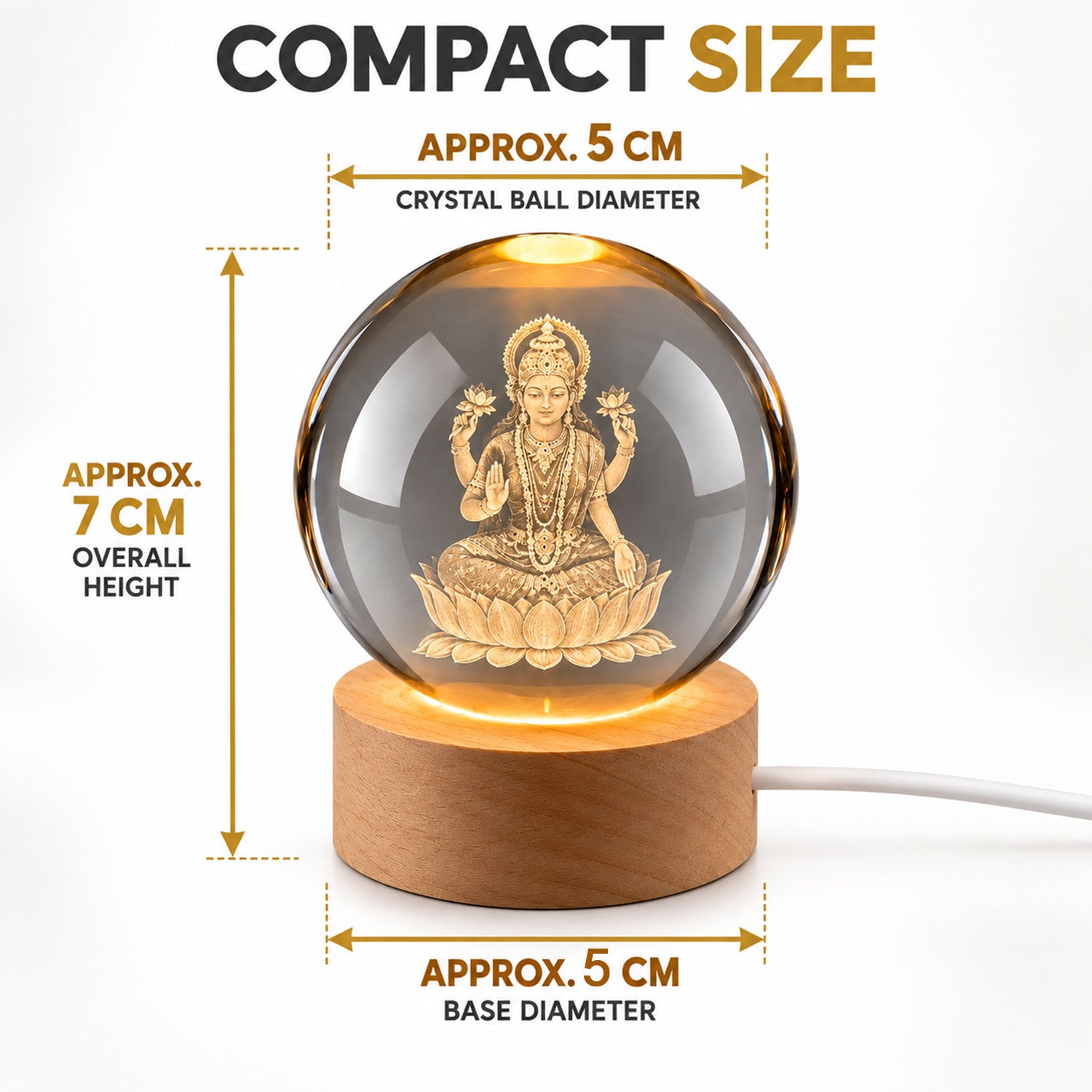 A crystal ball lamp with a Laxmi image, displaying its compact dimensions: 5 cm diameter, 7 cm height, and 5 cm base.