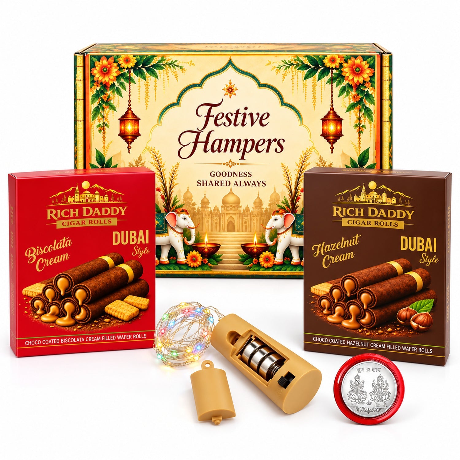 A festive gift hamper with two boxes of wafer rolls, a string of LED lights, a battery pack, and a silver coin, all â€“ view 2