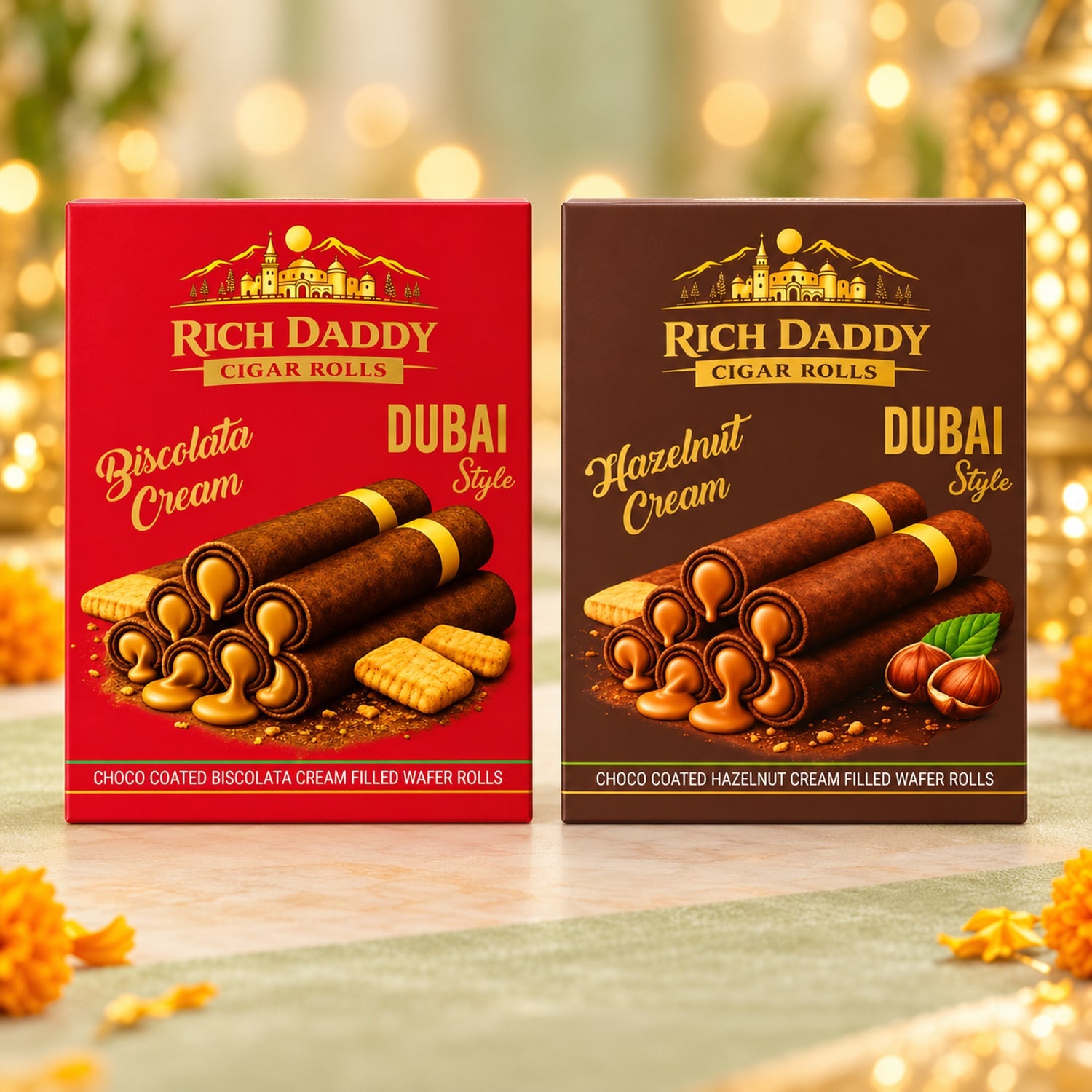 Two boxes of Rich Daddy wafer rolls, one red for Biscolata Cream and one brown for Hazelnut Cream, with golden accents on a