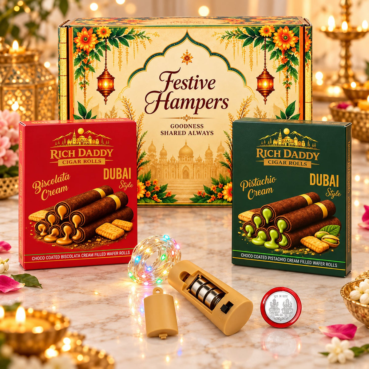 A festive gift box, two wafer roll boxes, fairy lights, and a silver coin are arranged on a marble surface with blurred