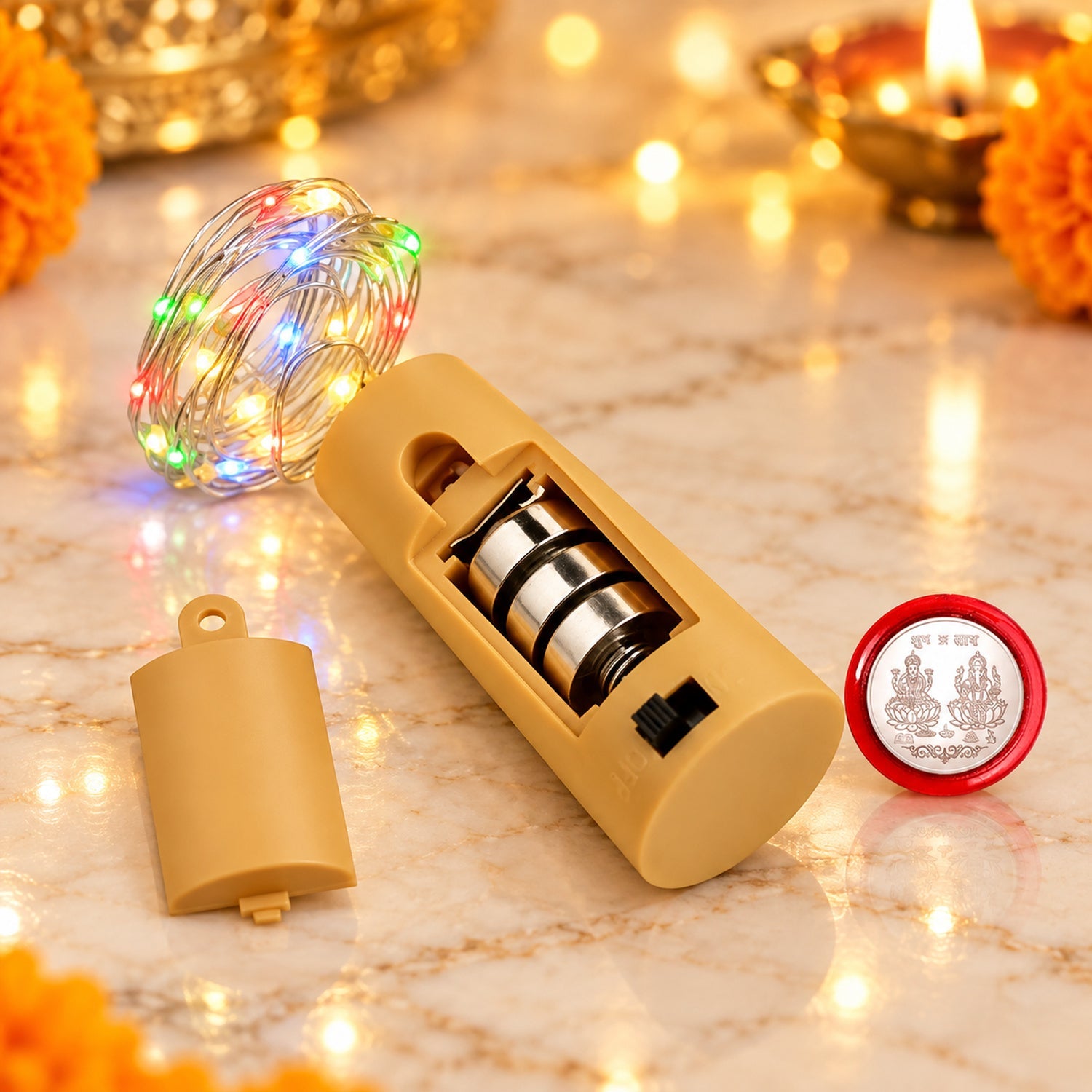 A coiled string of colorful fairy lights, a beige battery pack with batteries, and a small red coin with silver figures are