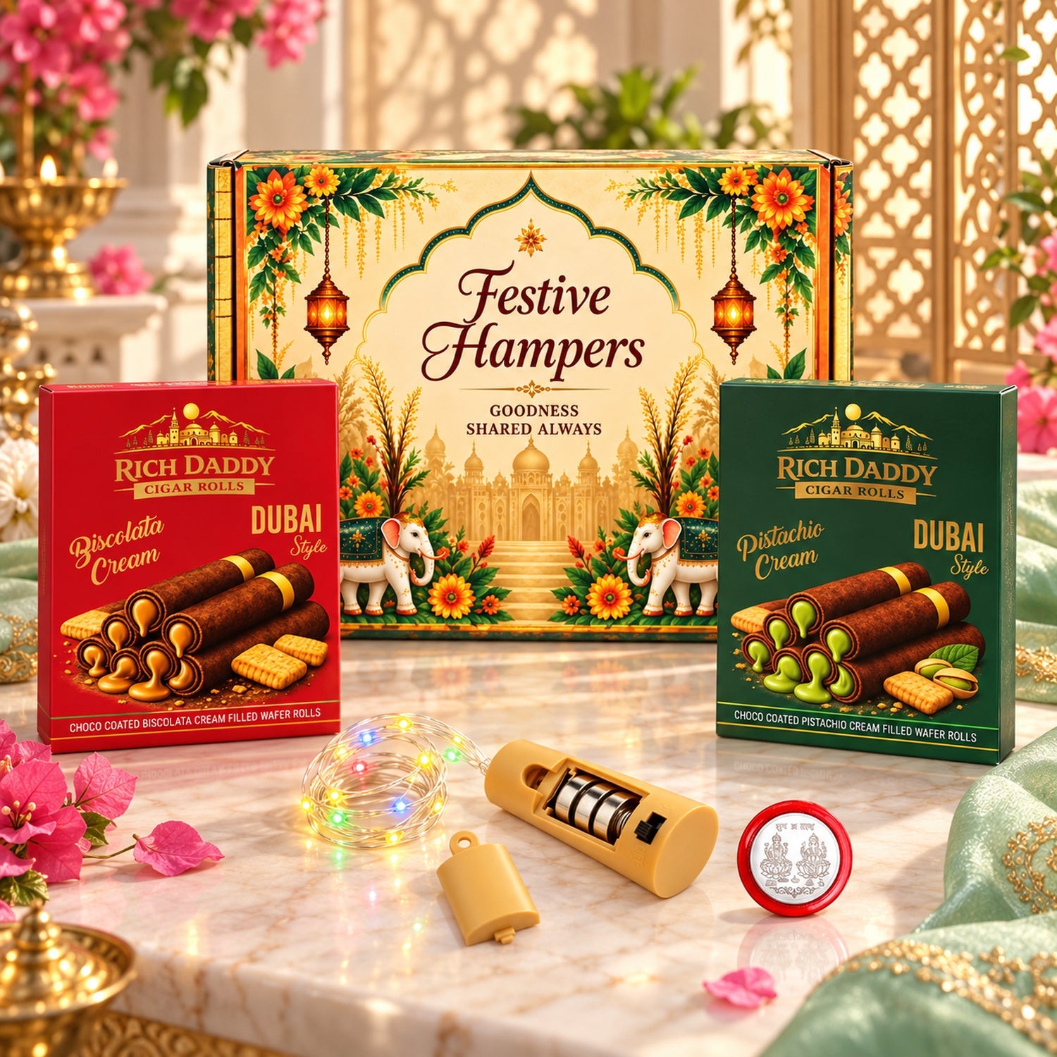 A festive gift box, two wafer roll boxes, fairy lights with a battery pack, and a silver coin are arranged on a marble