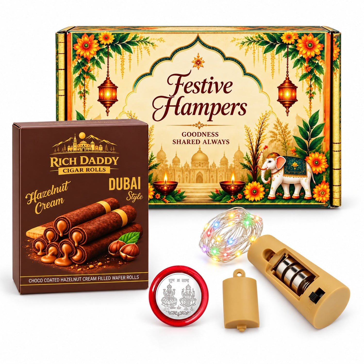Overhead view of a festive hamper box, wafer rolls, string lights, and a silver coin.