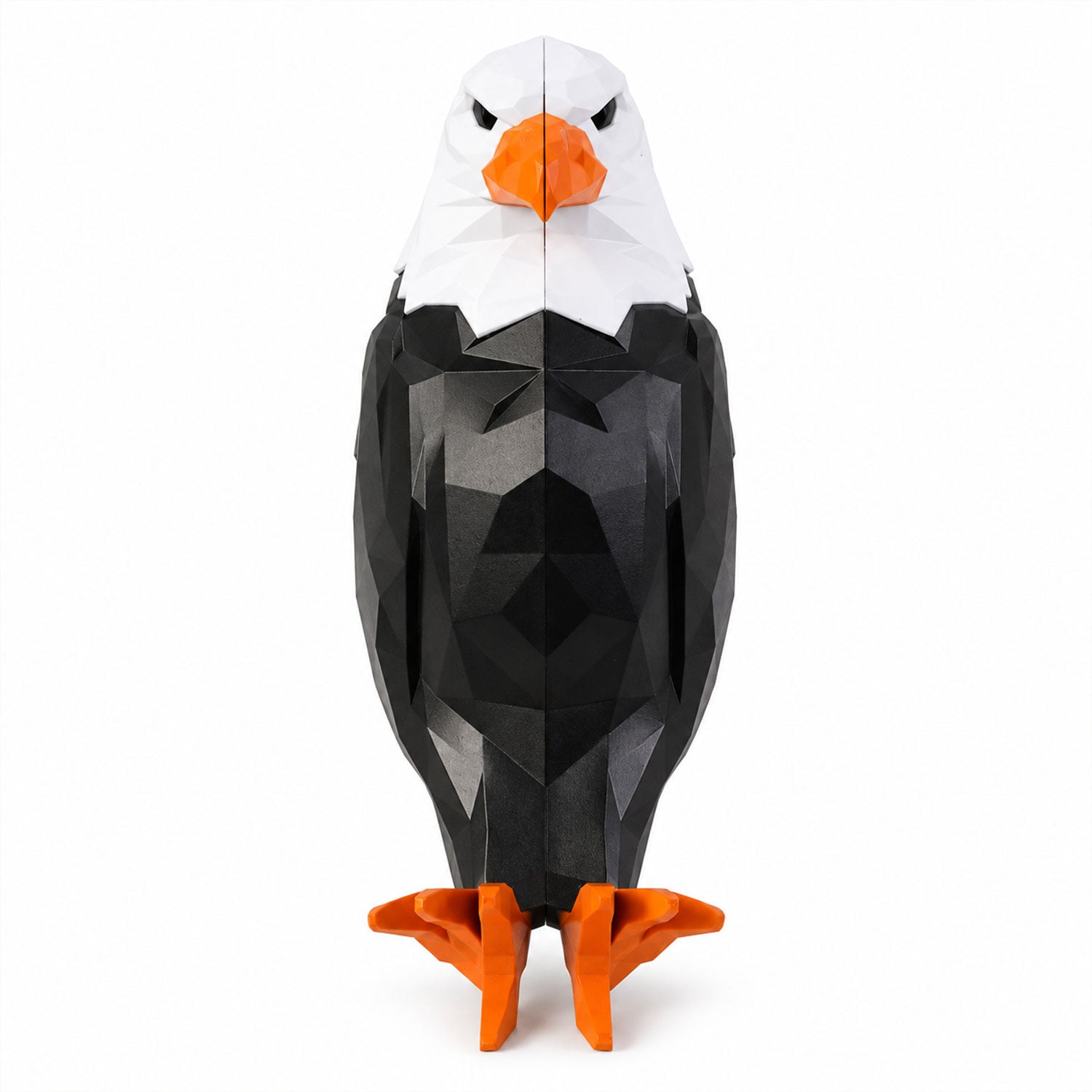 A front view of the geometric black and white eagle wall light with an orange beak and feet on a white background.