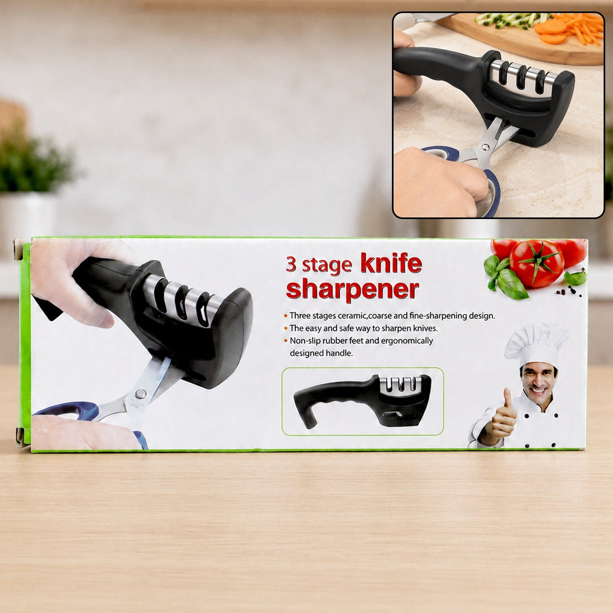 Three Stage Manual Knife Sharpener for Home Kitchen Use