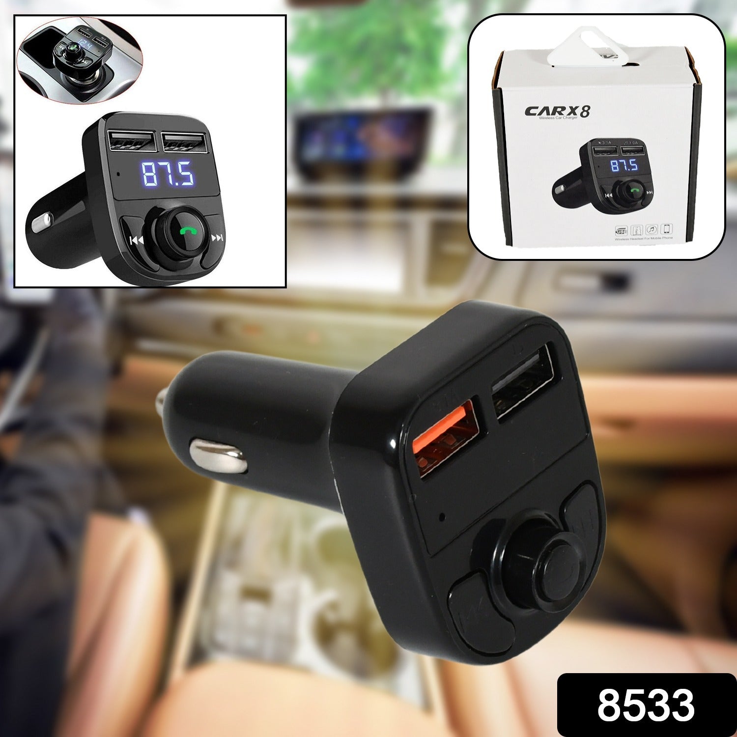 8533 CAR-X8 Bluetooth FM Transmitter Kit for Hands-Free Call Receiver / Music Player / Call Receiver / Fast Mobile Charger Ports for All SmartphonesÂ with 3.1A Quick Charge Dual USB Car Charger