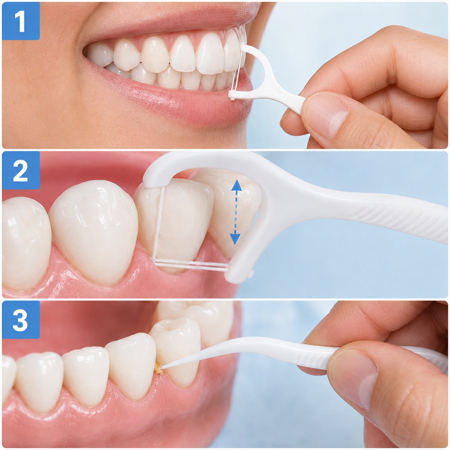 Three close-up panels show the steps of using a white dental floss pick to clean teeth and remove debris.