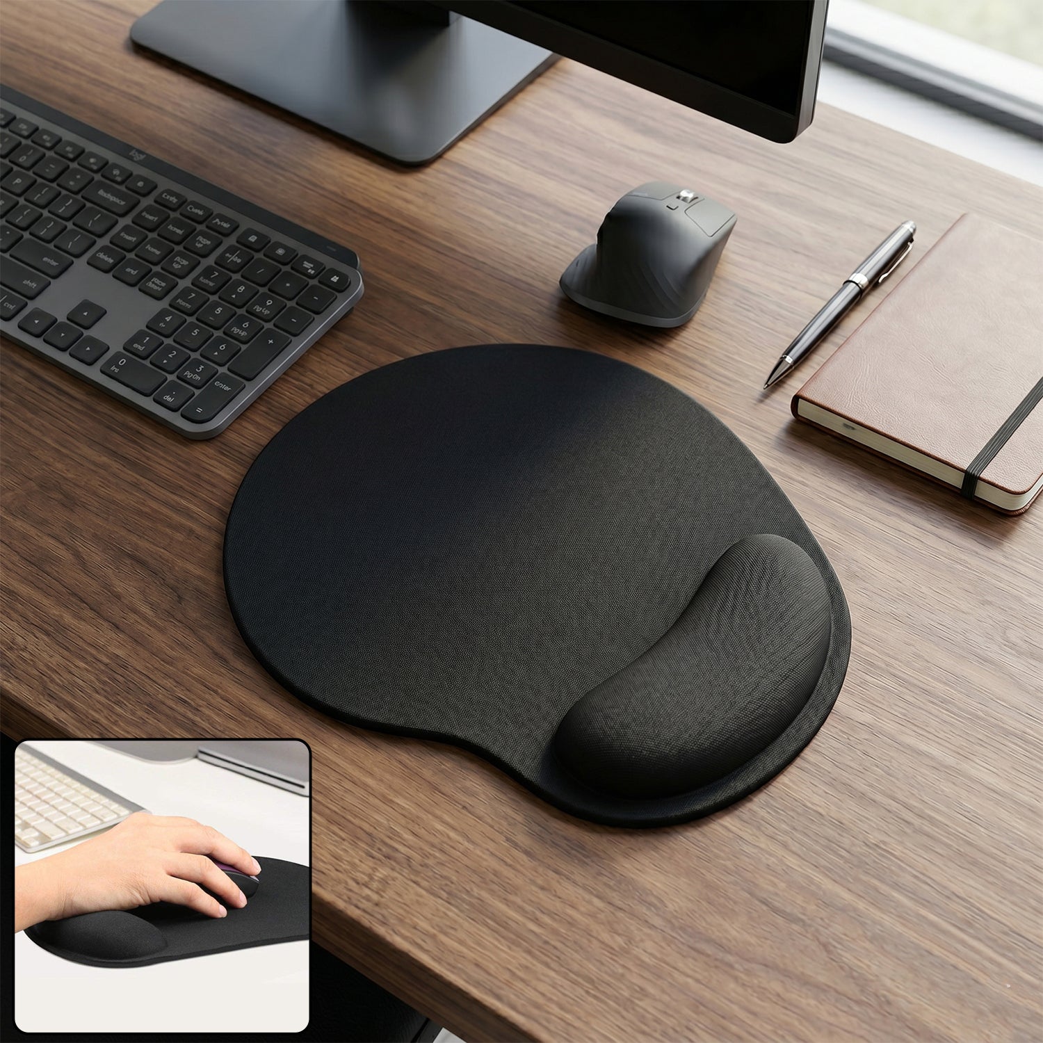 Close-up of gel wrist support on mouse pad