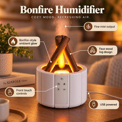 White humidifier with faux wood logs and orange light emitting mist, with feature callouts for bonfire glow and fine mist.
