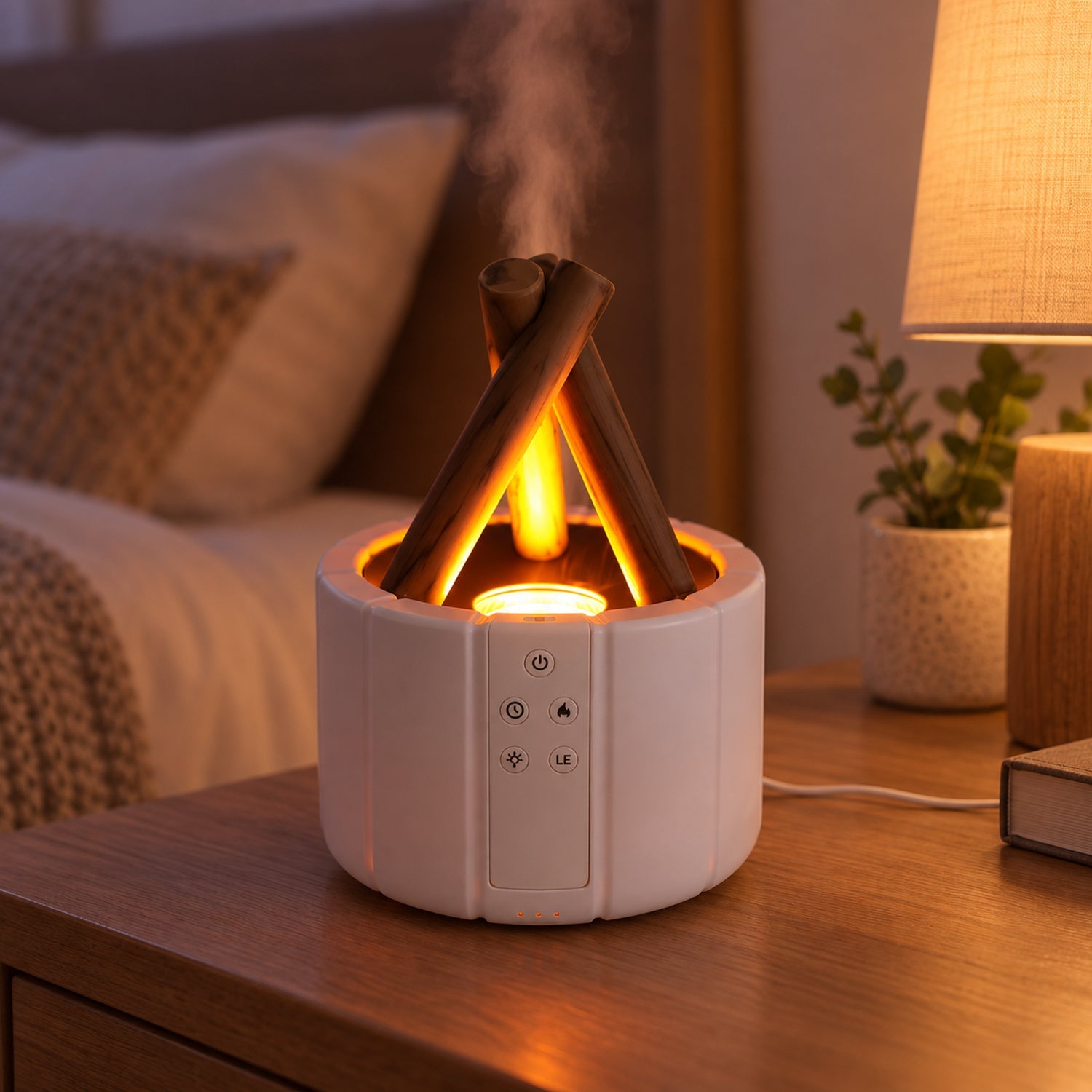 White humidifier with faux wood logs and orange light emitting mist on a wooden nightstand beside a bed.