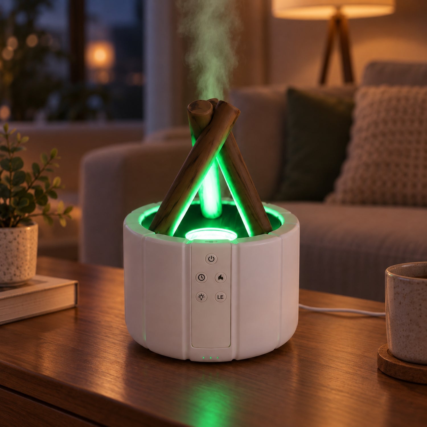 White humidifier with faux wood logs and green light emitting mist on a coffee table in a living room.
