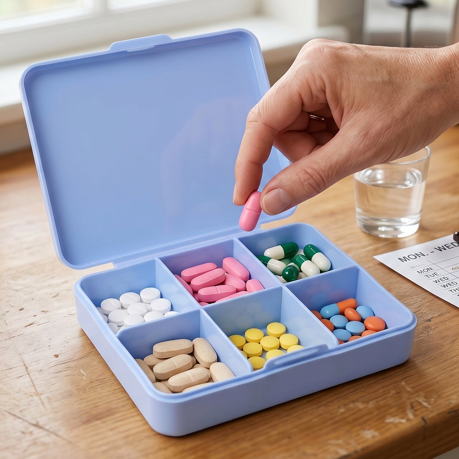 Pill organizer box in a handbag for portable use