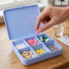 Pill organizer box in a handbag for portable use