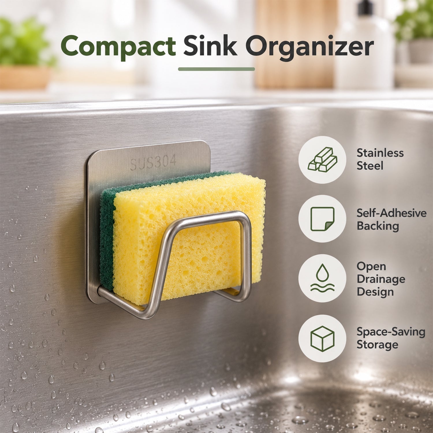 A stainless steel sponge holder with a yellow sponge is attached inside a sink, with icons detailing its features.