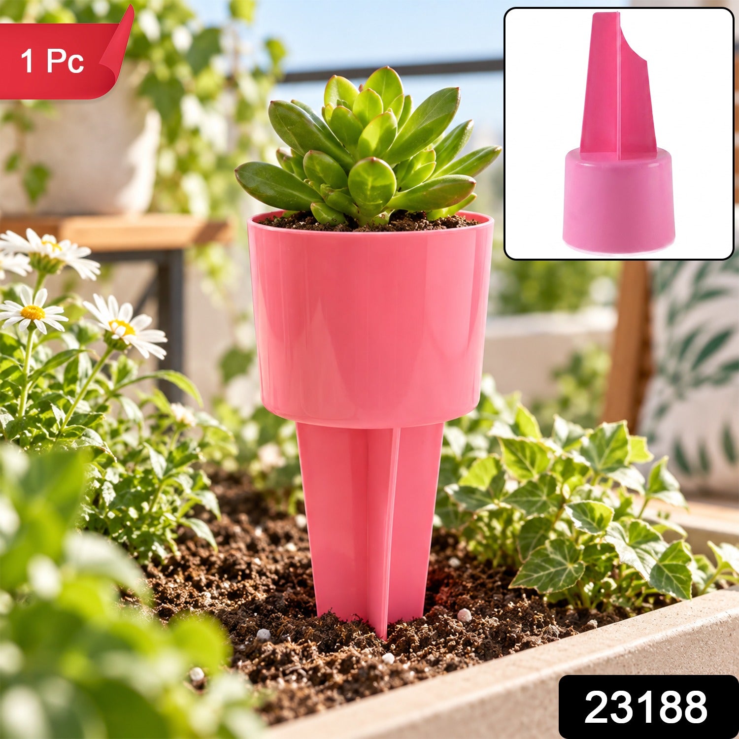 A pink plastic cup holder with a succulent plant, staked in garden soil, with a red 1 Pc label and a 23188 label.