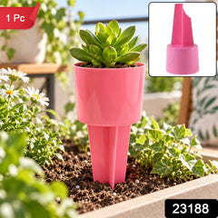 A pink plastic cup holder with a succulent plant, staked in garden soil, with a red 1 Pc label and a 23188 label.