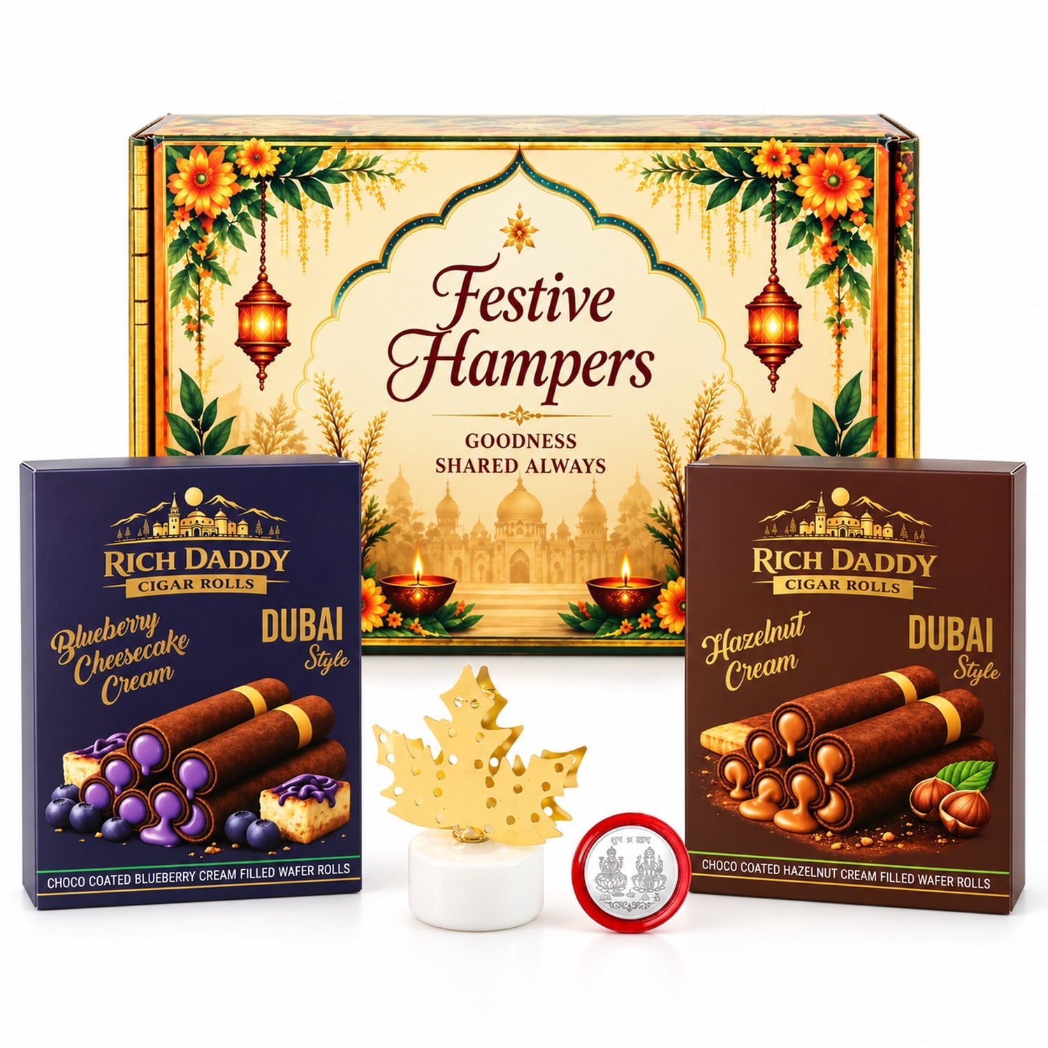 A white background highlights a festive hamper box, two wafer roll boxes, a maple leaf lamp, and a silver coin.