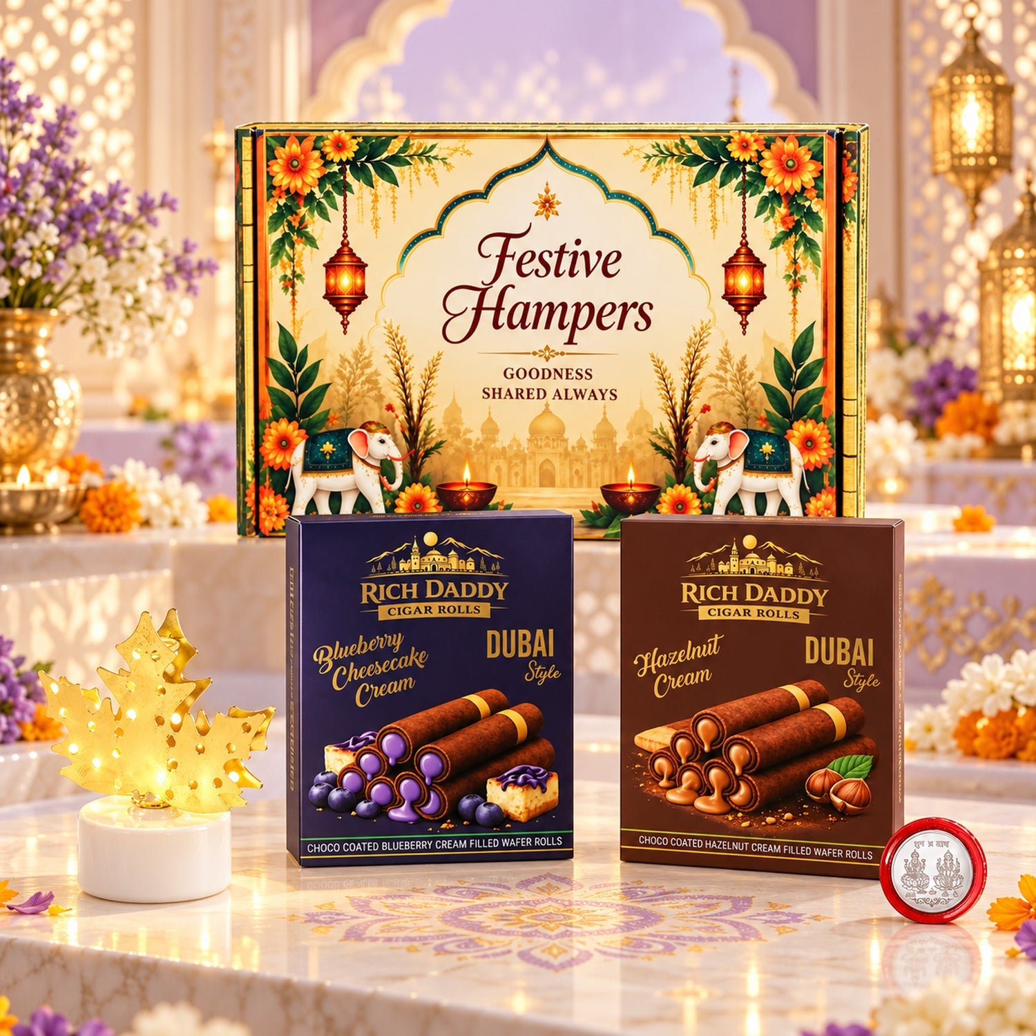 A festive hamper box, two wafer roll boxes, a maple leaf lamp, and a silver coin are arranged on a white table.