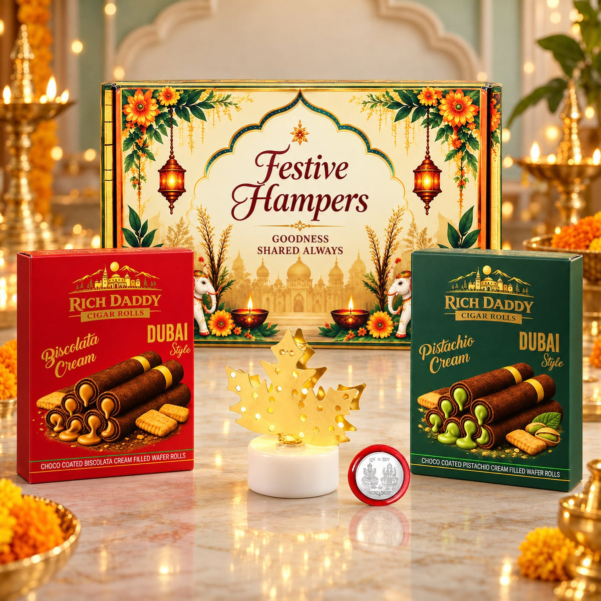 A festive gift hamper with two boxes of wafer rolls, a golden maple leaf lamp, and a silver coin.
