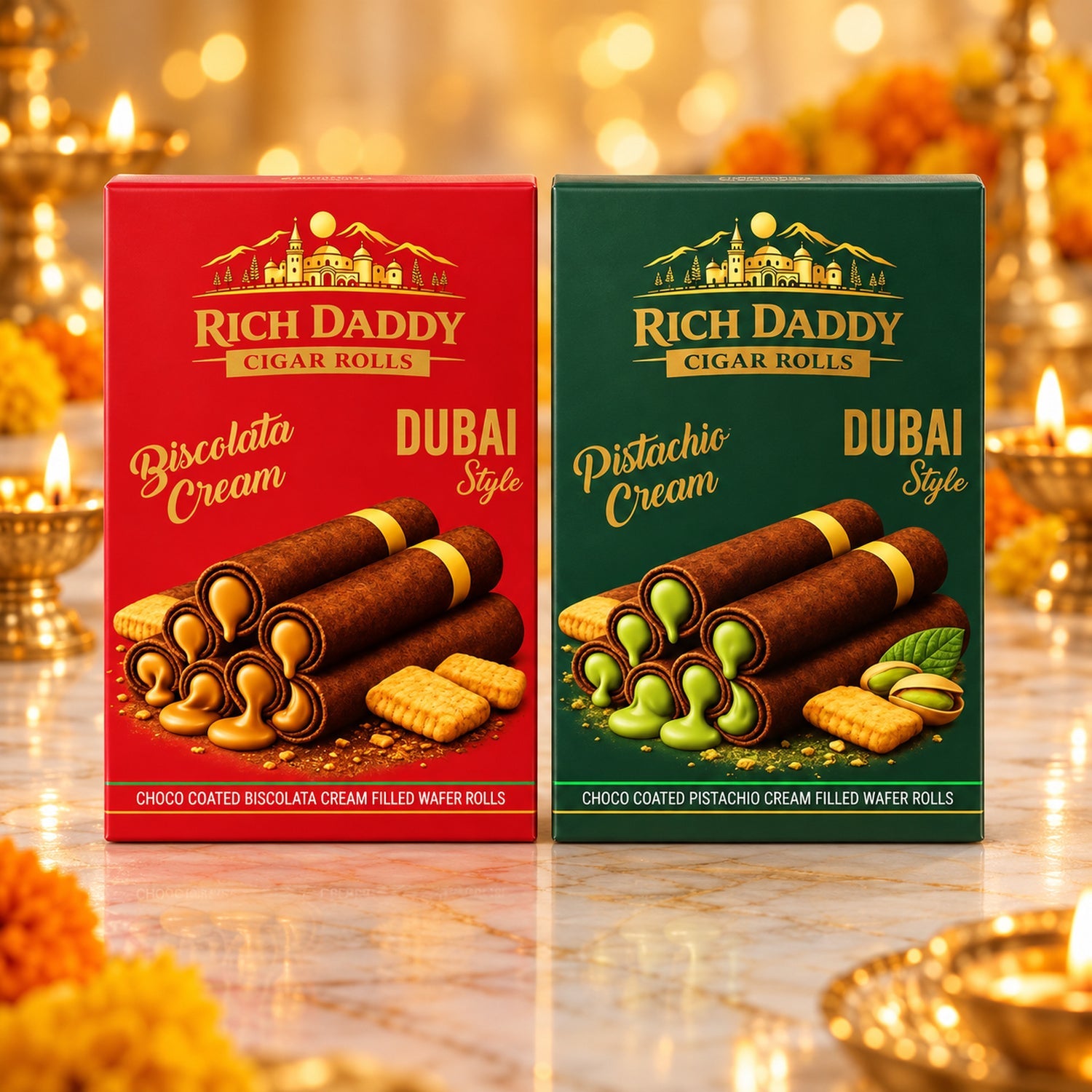 Two boxes of wafer rolls, one red with biscolata cream and one green with pistachio cream, on a festive table.
