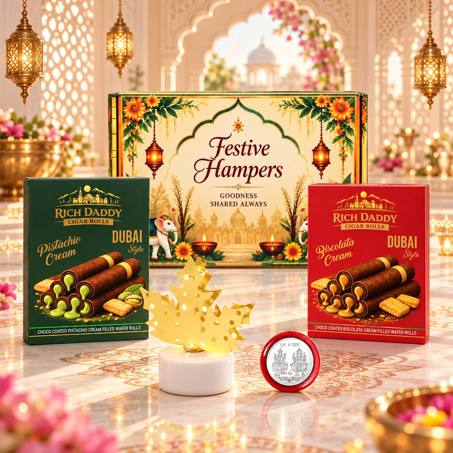 A festive gift hamper with two boxes of wafer rolls, a golden maple leaf lamp, and a silver coin on a decorated table.
