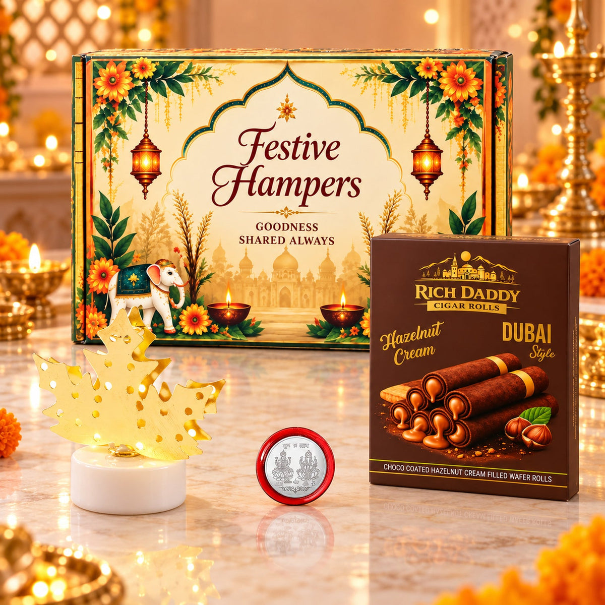 A festive gift hamper with a decorative box, a gold maple leaf lamp, and a box of hazelnut wafer rolls.