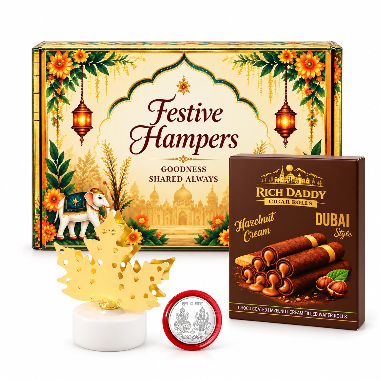 A gift box with traditional Indian motifs, a lit golden maple leaf lamp, and a Rich Daddy hazelnut cream wafer roll box.