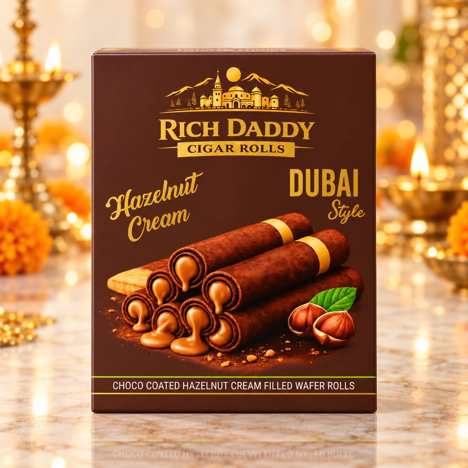 A brown box of Rich Daddy Dubai Style hazelnut cream filled wafer rolls, with a festive background.
