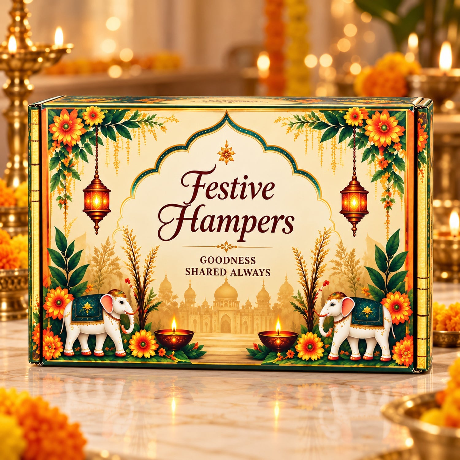 A decorative box for festive hampers featuring elephants, lanterns, and floral designs on a light background.